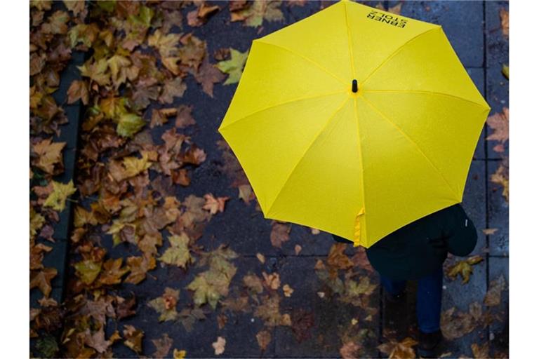 Eine Person läuft mit einem Regenschirm auf einem Gehweg. Foto: Tom Weller/dpa