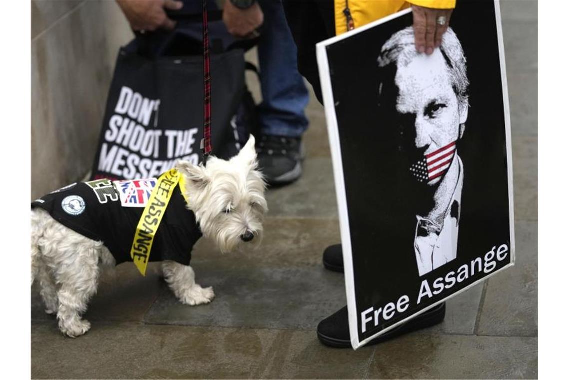 Eine Protestteilnehmerin hält während der Demonstration vor dem Gericht in London ein Plakat, auf dem Julian Assange abgebildet ist. Foto: Kirsty Wigglesworth/AP/dpa