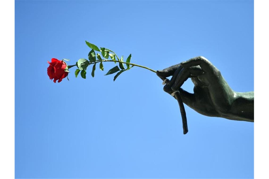 Überlinger Landesgartenschau ist eröffnet Eine Rose steckt in der Hand einer Bronzefigur. Foto: Martin Schutt/dpa-Zentralbild/dpa
