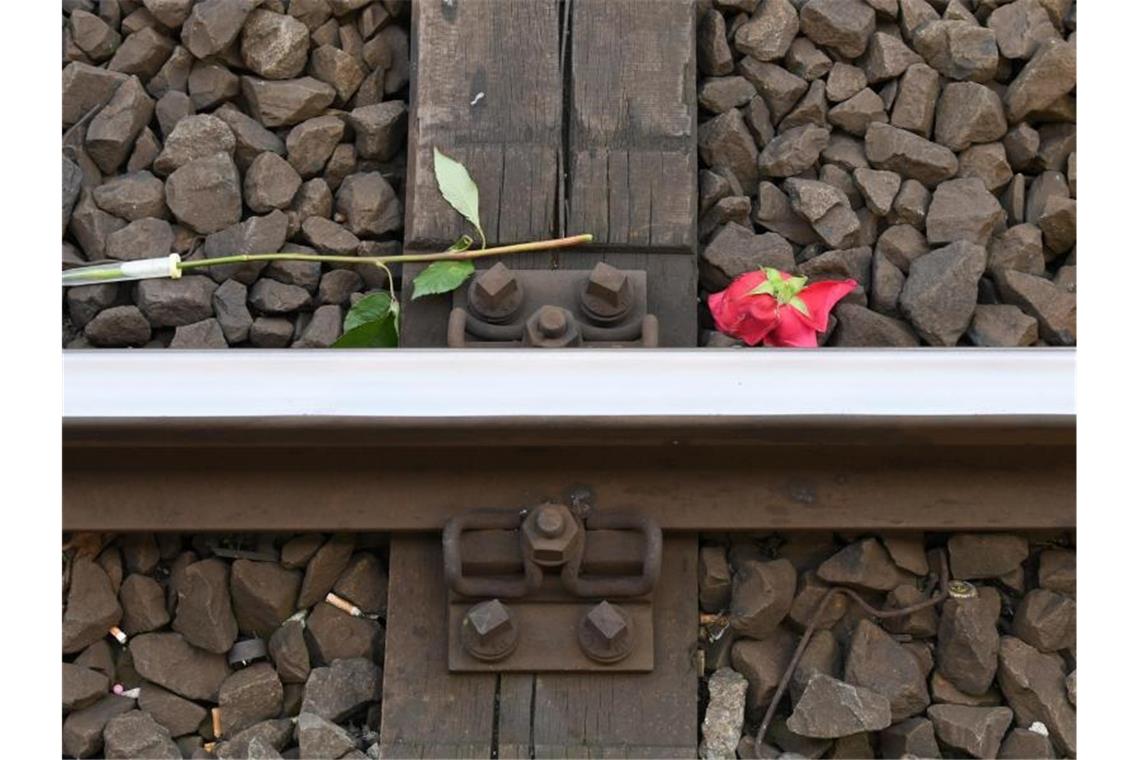 Eine rote Rose im Gleisbett von Gleis 7 des Frankfurter Hauptbahnhofs, wo ein Achtjähriger vor einen einfahrenden ICE gestoßen worden war. Foto: Arne Dedert