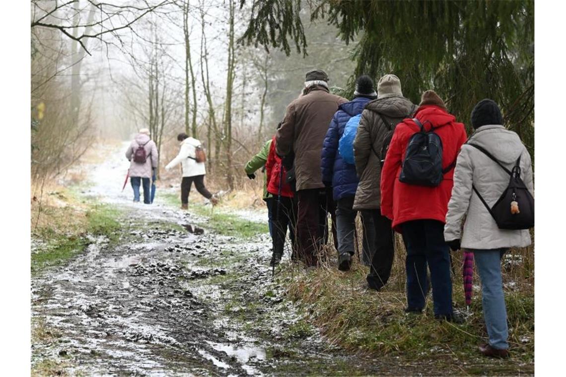 WHO: Jeder Zweite voreingenommen gegen ältere Menschen Eine Senioren-Wandergruppe unterwegs auf dem Hohen Gras bei Kassel. Foto: Uwe Zucchi/dpa