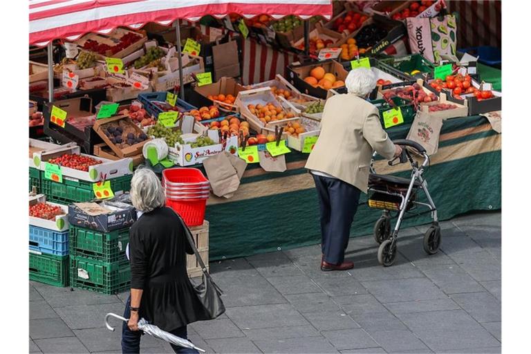 Eine Seniorin steht, gestützt auf ihren Rollator, vor einem Obst- und Gemüsestand auf einem Wochenmarkt. Foto: Jan Woitas/dpa-Zentralbild/dpa
