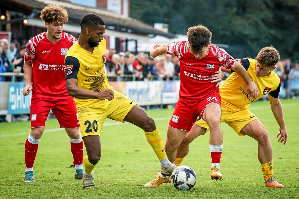 Arbeitssieg der SG Sonnenhof bei der TSG Backnang Eine typische Szene in einer kampfbetonten Partie: Die Großaspacher Anthony Mbem-Som Nyamsi (Nummer 20) und Christian Mistl nehmen Backnangs Gianni Mollo in die Zange. Foto: Alexander Becher
