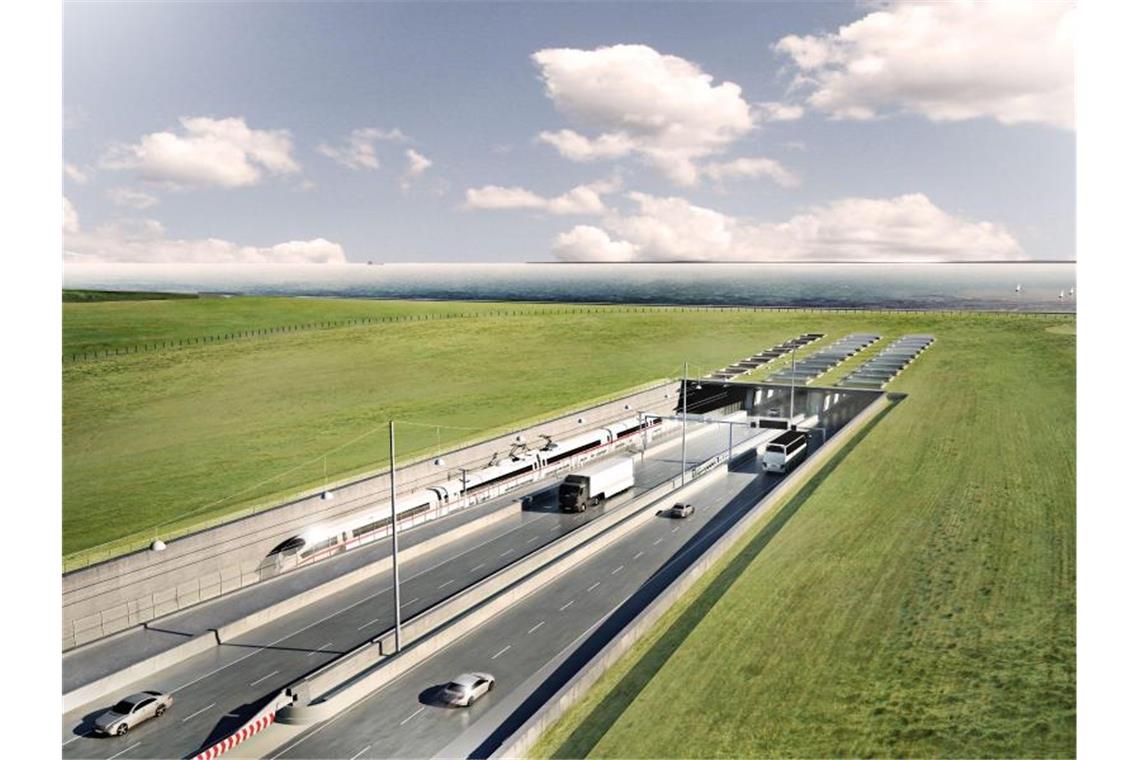 Die Fehmarnbelt-Querung: Streit um ein Jahrhundertprojekt Eine Visualisierung des geplanten Fehmarnbelt-Tunnels zwischen Deutschland und Dänemark mit dem Tunneleingang auf dänischer Seite bei Rodbyhavn. Foto: ICONO A/S/Femern A/S/dpa