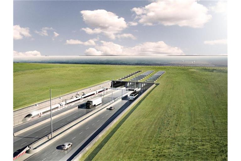 Eine Visualisierung des geplanten Fehmarnbelt-Tunnels zwischen Deutschland und Dänemark mit dem Tunneleingang auf dänischer Seite bei Rodbyhavn. Foto: ICONO A/S/Femern A/S/dpa