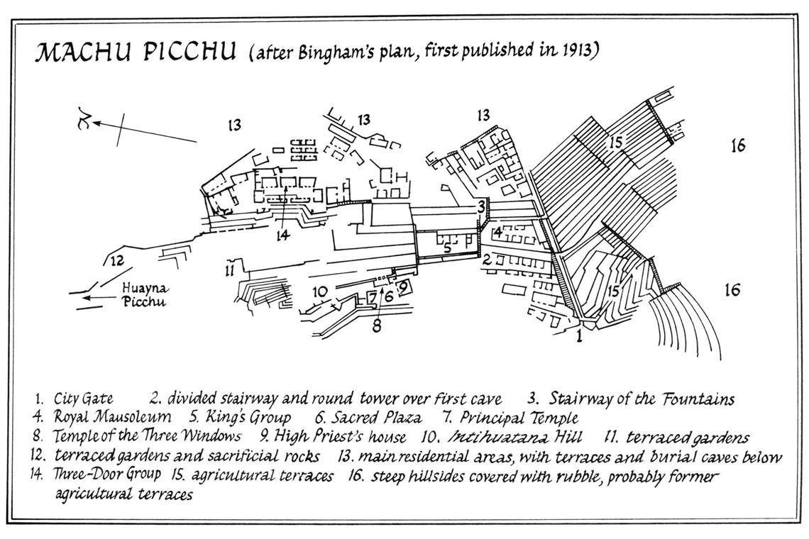 Eine von Hiram Bingham selbst gezeichnete Karte von Machu Picchu.