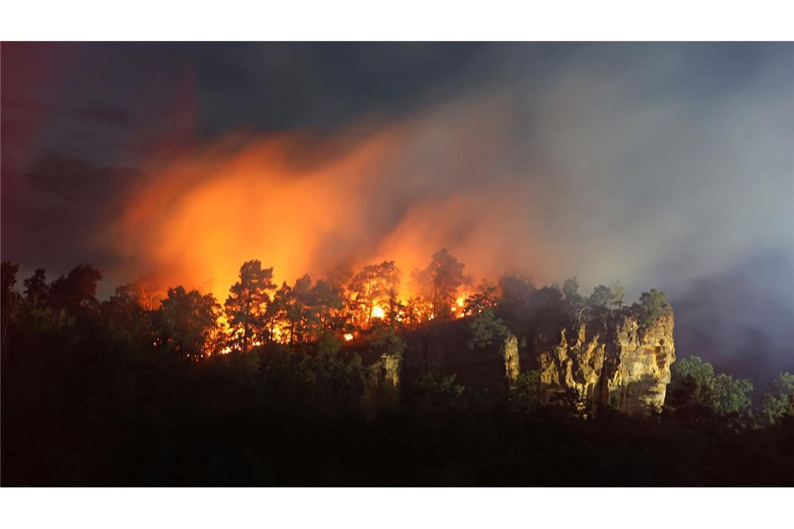 Eine Waldfläche am Lehof in Quedlinburg steht am Abend in Flammen.