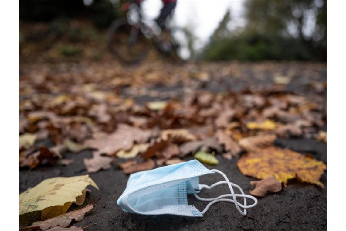 Eine weggeworfene Maske zwischen Herbstlaub auf einer Straße. Foto: Bernd Thissen/dpa