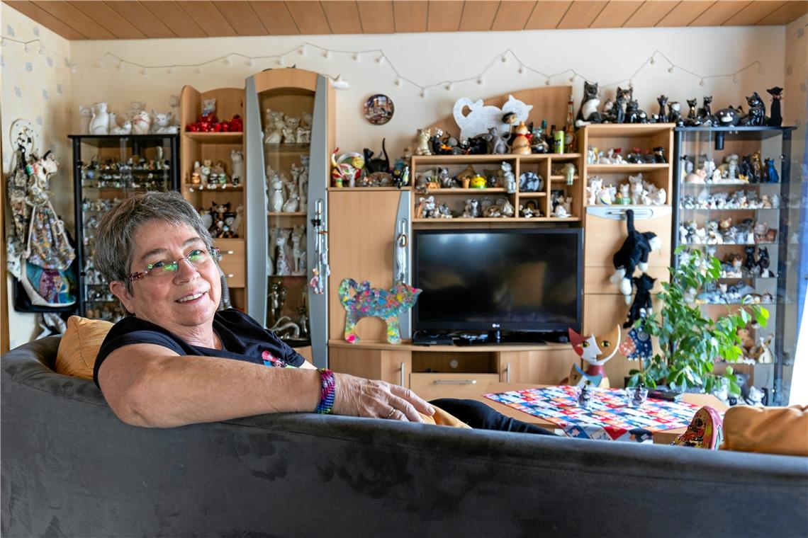 In diesem Haus ist alles für die Katz Eine Wohnzimmerwand ganz im Zeichen der Katze: Die Einliegerwohnung im Haus von Sammlerin Margret Schmid haben sich die samtpfotigen Exponate erobert. Fotos: A. Becher
