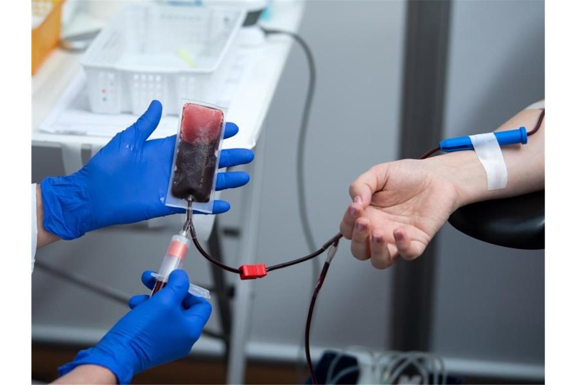 Hohes Interesse an Blutplasma-Spenden für Corona-Forschung Einer Frau wird bei einer Blutspende eine Blutprobe entnommen. Foto: Bernd von Jutrczenka/dpa/Symbolbild