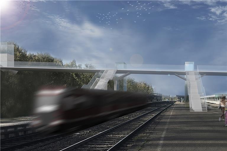 Eines von vielen Bauprojekten in den nächsten vier Jahren: Die Stadtbrücke schafft Barrierefreiheit am Backnanger Bahnhof und soll 2,6 Millionen Euro kosten. Visualisierung: Büro sbp