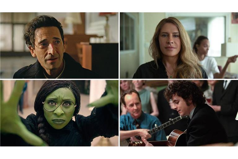 Einige Favoriten der Oscar-Nacht: „The Brutalist“, „Emilia Pérez“, „Like A Complete Unknown“, „Wicked“ (von links oben im Uhrzeigersinn)