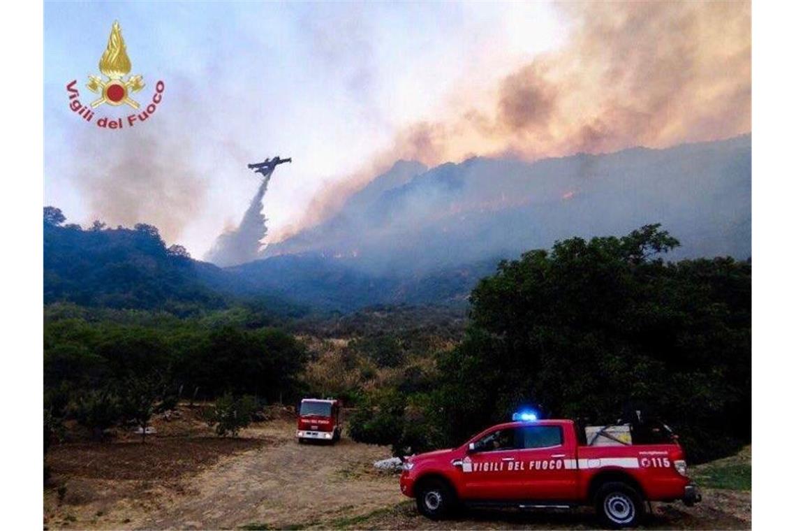 Hunderte Waldbrandeinsätze auf Sizilien - Hitze in Südeuropa Einsatzkräfte der Feuerwehr kämpfen in der Region Palermo gegen Waldbrände. Foto: Vigili del Fuoco/dpa