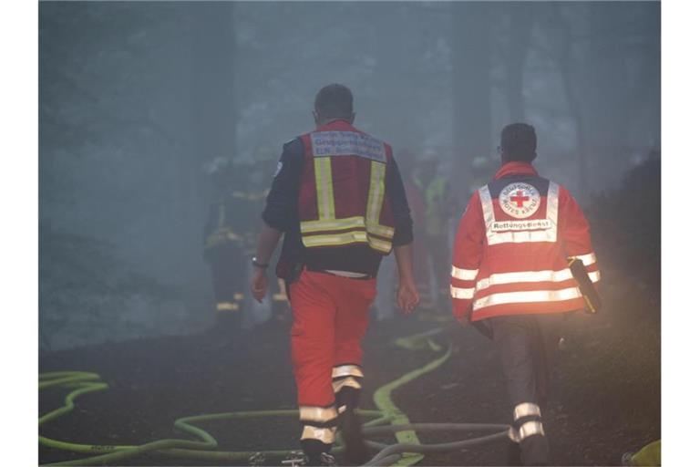 Einsatzkräfte in einem Wald bei Itterbach im Siebengebirge. Laut Polizei starben dort bei dem Absturz eines Kleinflugzeugs zwei Menschen. Foto: Thomas Banneyer/dpa