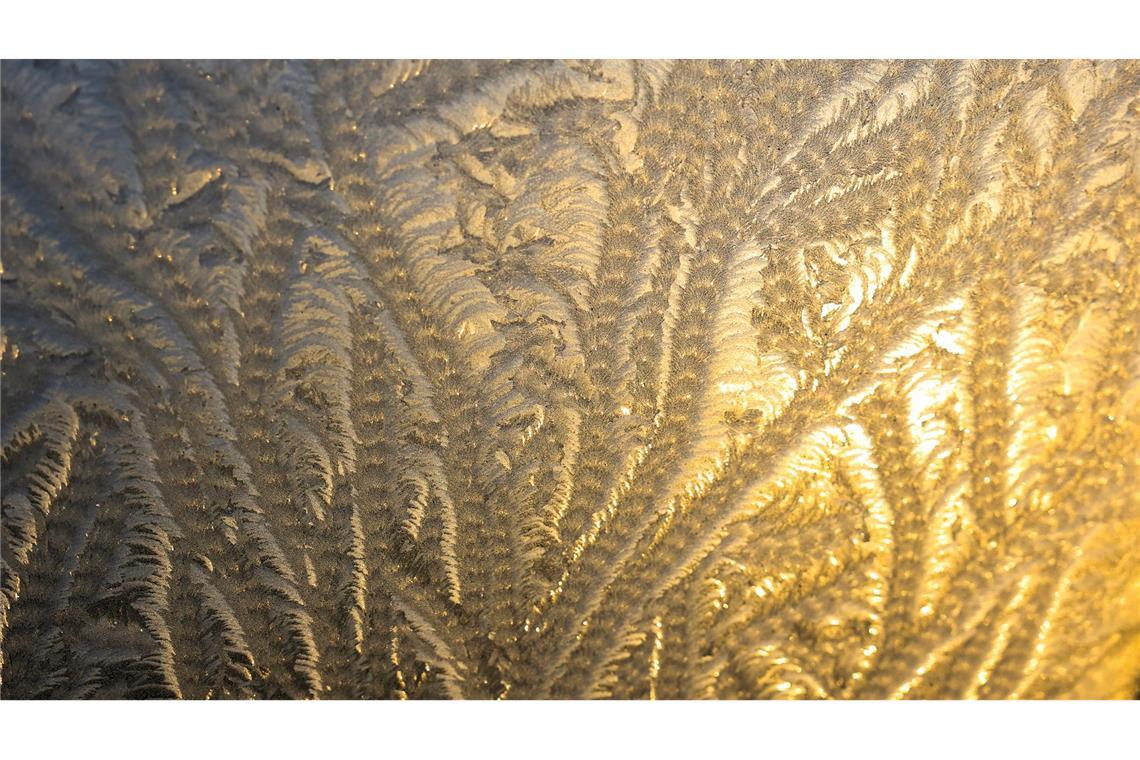 Eisblumen haben sich am Morgen an einem Dachfenster in Leipzig gebildet.