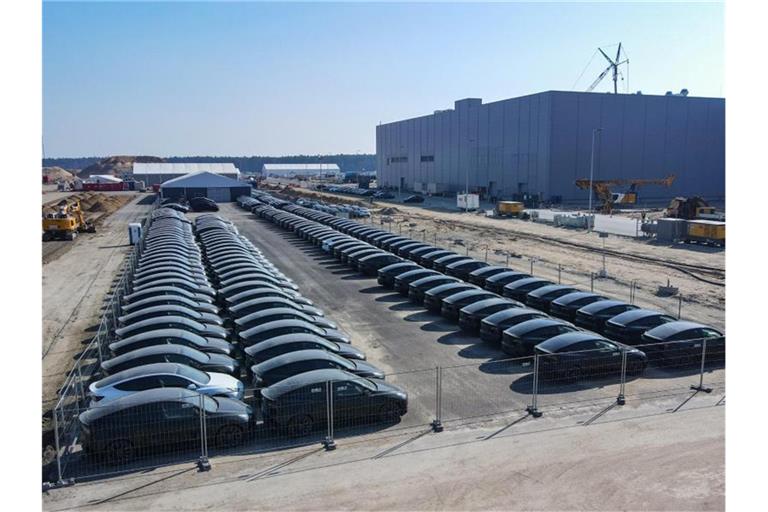 Elektrofahrzeuge vom Typ Tesla Model Y stehen aufgereiht vor der Tesla Gigafactory in Grünheide. Foto: Patrick Pleul/dpa-Zentralbild/dpa
