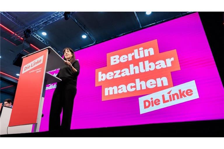 Elif Eralp, stellvertretende Landesvorsitzende der Berliner Linken und Fraktionsvorsitzende von Die Linke im Berliner Abgeordnetenhaus, spricht beim Landesparteitag von Die Linke Berlin. 