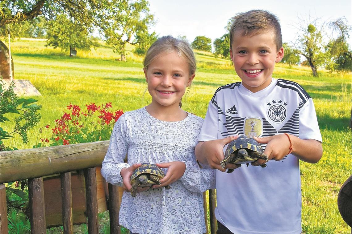 Ella und Julian Härle mit den griechischen Landschildkröten Pauline und Paul.