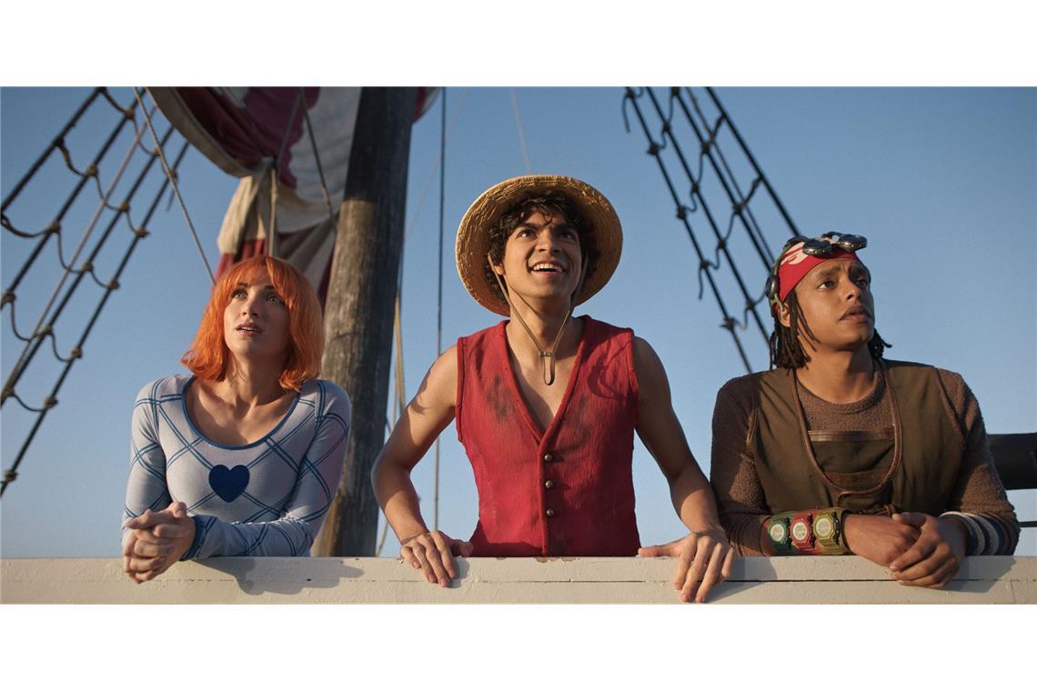Emily Rudd als Nami, Iñaki Godoy als Monkey D. Ruffy, Jacob Romero als Lysop in Staffel 2 von "One Piece".