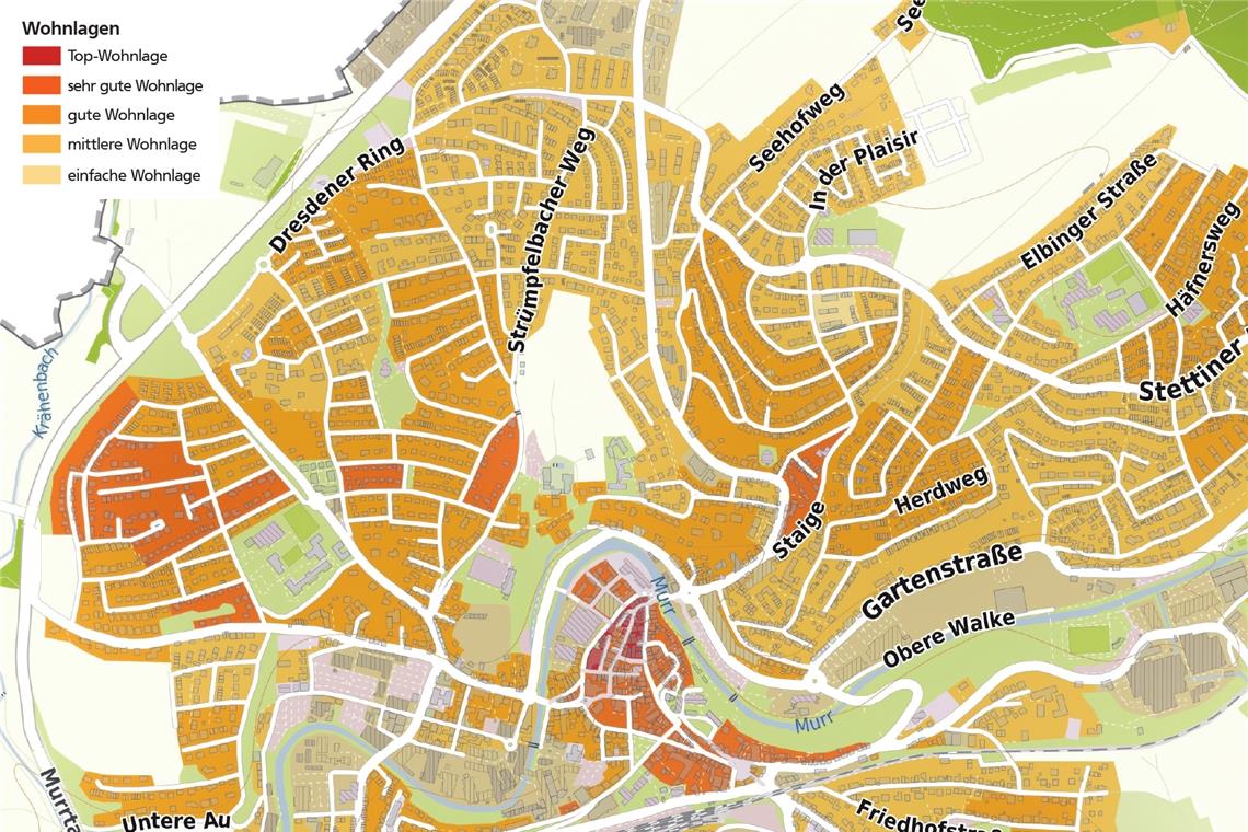 Entscheidend für den Preis einer Immobilie ist vor allem die Lage. Wo in Backnang die besten Wohnlagen sind, zeigt diese Karte aus dem Wohnmarktbericht Rems-Murr. Karte: iib Institut Dr. Hettenbach, Schwetzingen