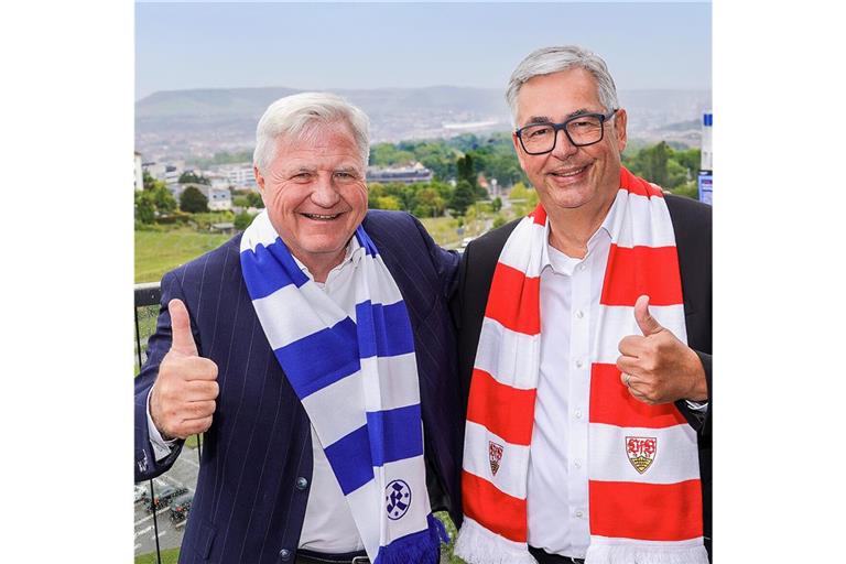 Entspannte Atmosphäre in luftiger Höhe: die Präsidenten Rainer Lorz (Kickers/li.) und Dietmar Allgaier (VfB) im zehnten Stock des Radisson Blu Hotels