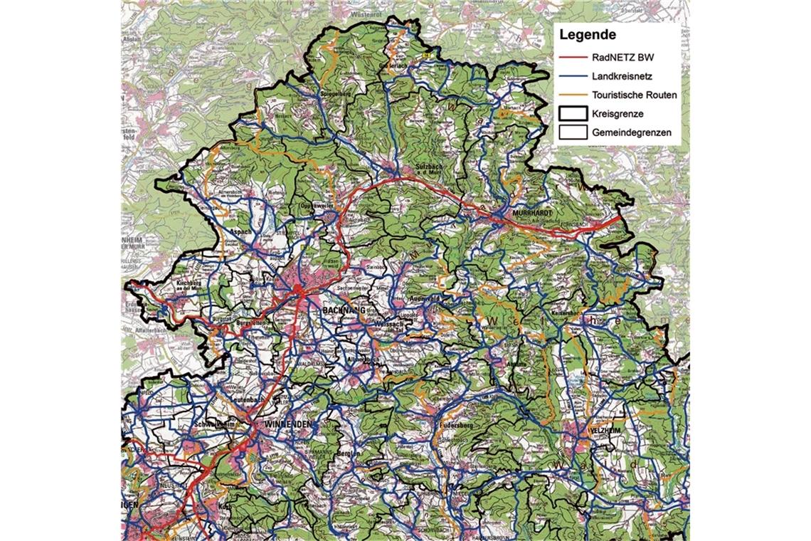 Plan für Radwege im Kreis Entwurf für das Radwegekonzept (Ausschnitt): Der Plan soll jetzt noch mit den Kommunen im Kreis abgestimmt werden. Karte: Landratsamt