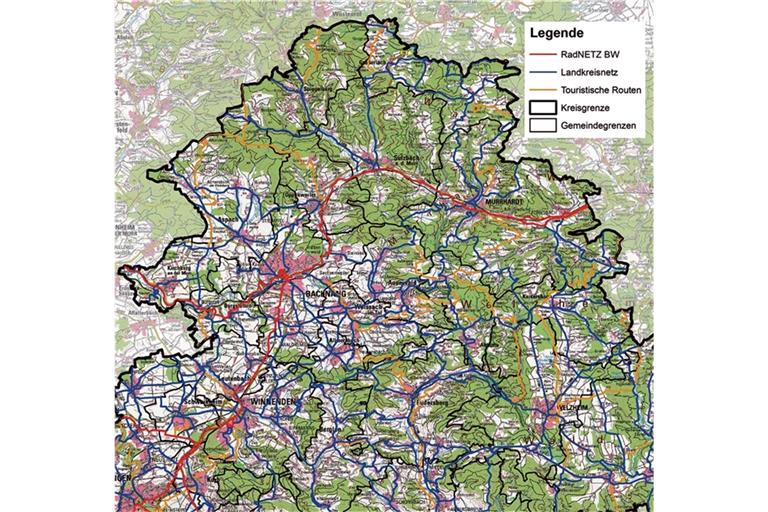Entwurf für das Radwegekonzept (Ausschnitt): Der Plan soll jetzt noch mit den Kommunen im Kreis abgestimmt werden. Karte: Landratsamt
