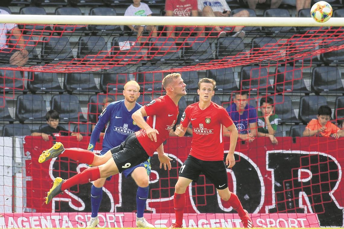 Eric Hottmann (beim Kopfball) und Jonas Behounek (rechts) stehen in Aspach bei Torwart Max Reule und in Sachen U-23-Regel besonders im Blick. Der 19- und der 21-Jährige helfen, dass bei jedem Drittligaspiel wie vom DFB gefordert vier von 18 SG-Akteuren noch unter 23 Jahren sind. Foto: A. Becher