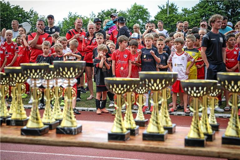 Erneut begehrte Objekte für dieses Mal rund 650 E- und F-Jugendfußballer: Die Siegerpokale. Die gab es für alle F-Jugend- sowie je vier weibliche und männliche E-Jugendteams. Foto: Alexander Becher
