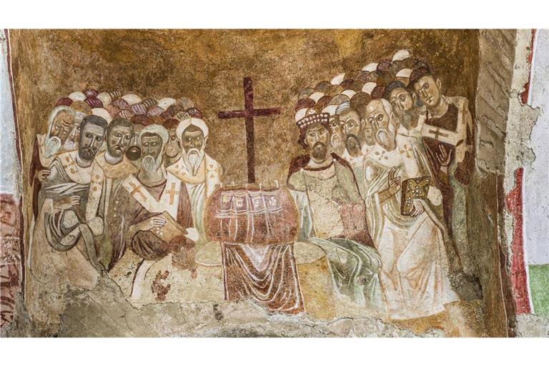 Erstes Konzil von Nicäa: Kaiser Konstantin I. im Jahre 325 mit Konzilteinnehmern – byzantinisches Fresko in der Basilika St. Nikolaus in  Myra.