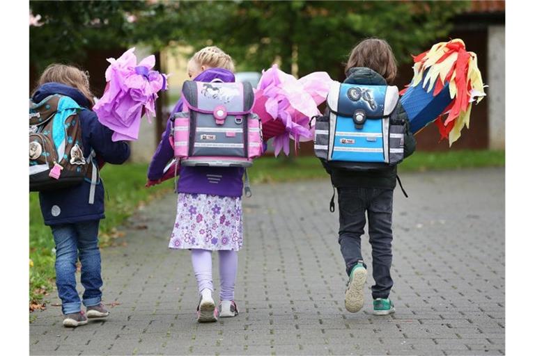 Erstklässler sind mit ihren Schultüten auf dem Weg zur Einschulung. Foto: Thomas Warnack/Archivbild