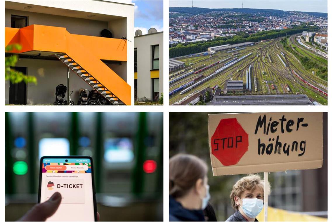 Wo Stuttgart auf die neue Bundesregierung setzt Es stehen viele Themen an (von links oben im Uhrzeigersinn): Die Unterbringung Geflüchteter ist eine Herausforderung. Die Gleisflächen am Hauptbahnhof können derzeit nicht umgenutzt werden. Die Mietpreisbremse läuft Ende 2025 aus. Wie geht es mit dem Deutschlandticket weiter? Es stehen viele Themen an (von links oben im Uhrzeigersinn): Die Unterbringung Geflüchteter ist eine Herausforderung. Die Gleisflächen am Hauptbahnhof können derzeit nicht umgenutzt werden. Die Mietpreisbremse läuft Ende 2025 aus. Wie geht es mit dem Deutschlandticket weiter?