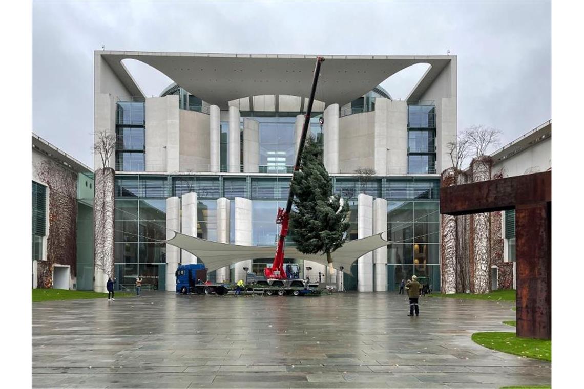 Weihnachtsbaum aus Thürigen vor Kanzleramt aufgestellt Es wird weihnachtlich: Mit Hilfe eines Tiefladers wird eine Colorado-Tanne am Bundeskanzleramt aufgestellt. Foto: Paul Zinken/dpa