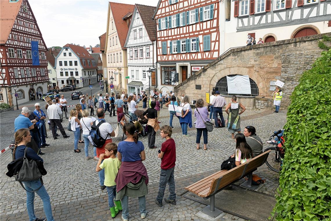 Richtige Güterabwägung bei Coronamaßnahmen gefordert Etwa 60 Demonstranten versammelten sich auf dem Marktplatz in Backnang. Foto: J. Fiedler