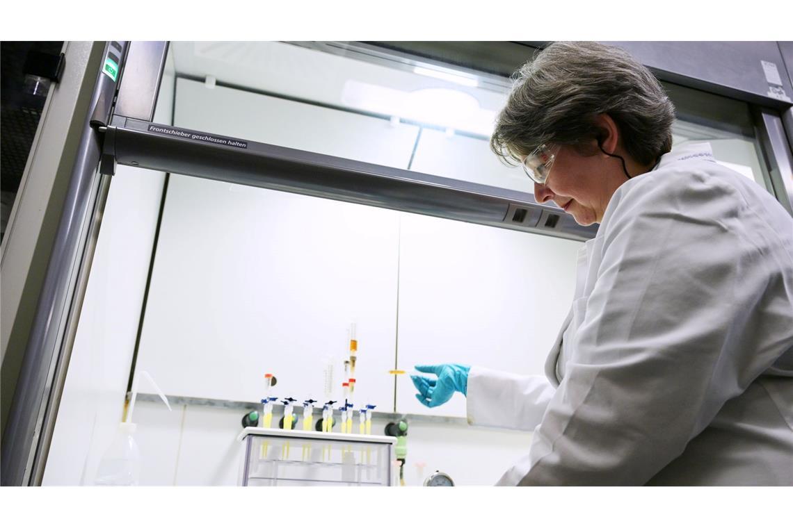 Eva Kabai, Leiterin des Radioökologie-Labors, befüllt eine Vakuumbox mit einer Salatprobe, um die Strahlenbelastung zu messen.