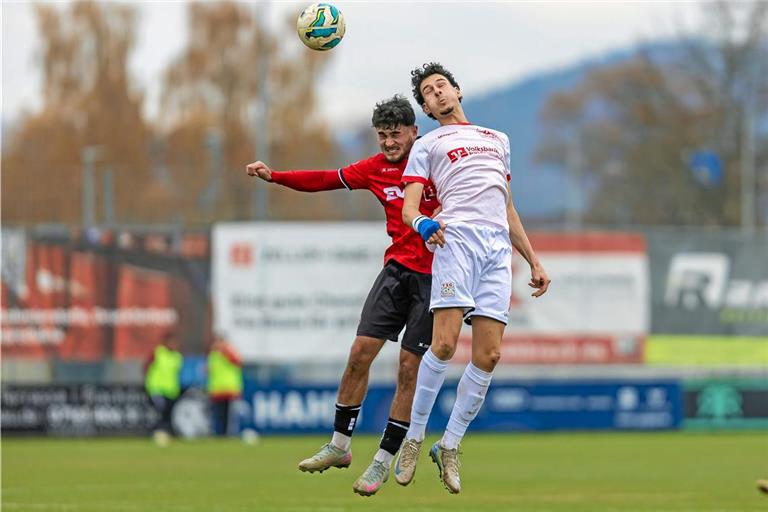 Fabijan Domic )rechts) und die TSG waren bis zur Pause gleichauf. Nach Wiederanpfiff setzten sich Oguzhan Kececi und die Göppinger Elf aber doch noch deutlich durch. Foto: Eibner