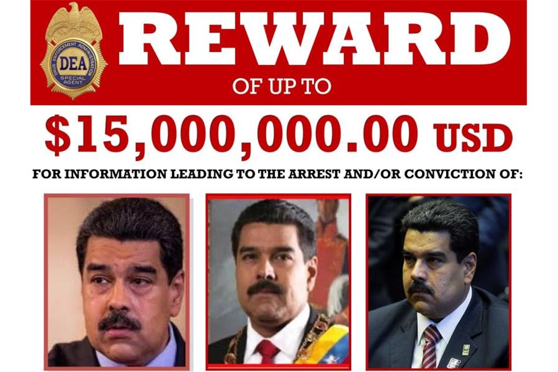 Venezuela ermittelt nun gegen Guaidó Fahndungsposter des US-Justizministeriums für Nicolas Maduro, Präsident von Venezuela. Foto: ---/Department of Justice/AP/dpa