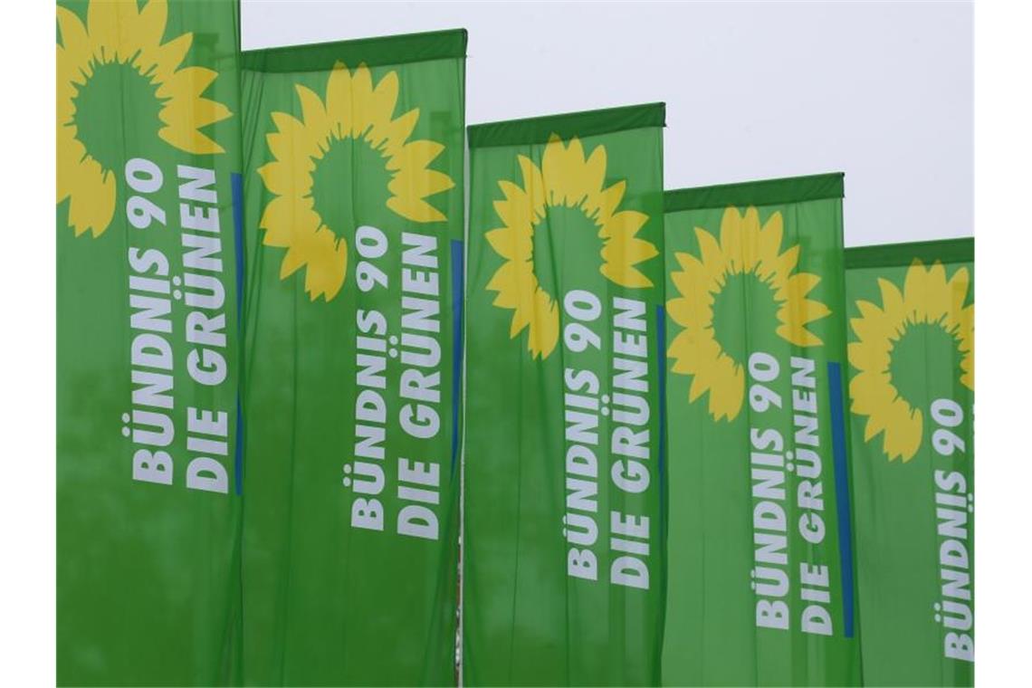 Fahnen der Partei Bündnis 90 Die Grünen wehen im Wind. Foto: Karl-Josef Hildenbrand/dpa/Symbolbild