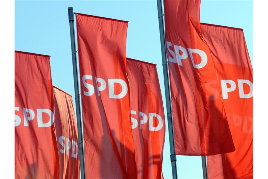 Fahnen der SPD wehen bei einem Landesparteitag der SPD vor der Veranstaltungshalle. Foto: Patrick Seeger/dpa/Archivbild