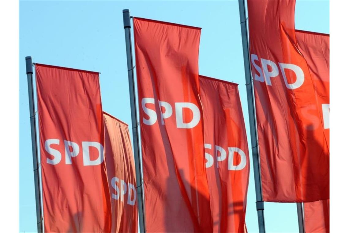 SPD-Parteitag debattiert über Zustand der GroKo und Bildung Fahnen der SPD wehen beim Landesparteitag der SPD. Foto: Patrick Seeger/Archiv