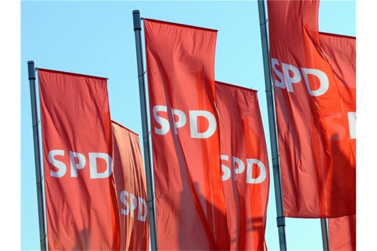 Fahnen der SPD wehen beim Landesparteitag der SPD. Foto: Patrick Seeger/Archiv