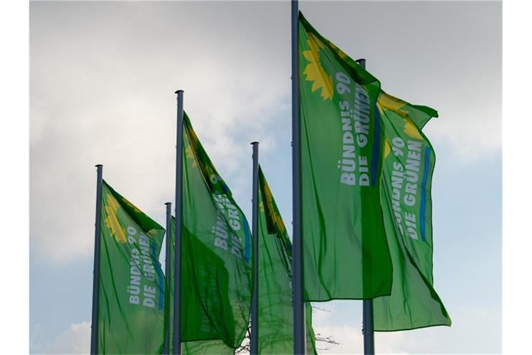 Fahnen von Bündnis 90/Die Grünen wehen im Wind. Foto: Stefan Puchner/dpa/Symbolbild