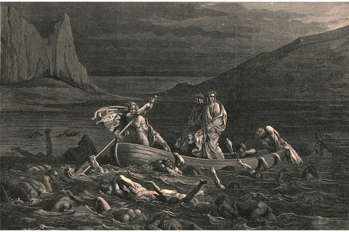Fahrt in die Unterwelt: Der  Fährmann Charon bringt den Dichter Dante Alighier über den  Styx, der die Ober- von der Unterwelt trennt (Druck aus der Holzstichsammlung von Gustave Doré zu Dantes „Göttliche Komödie“/„Divina Commedia“ von 1861).