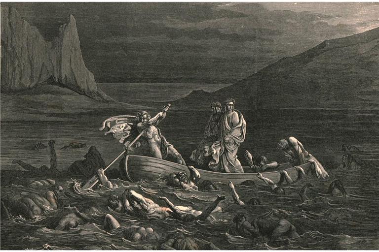 Fahrt in die Unterwelt: Der  Fährmann Charon bringt den Dichter Dante Alighier über den  Styx, der die Ober- von der Unterwelt trennt (Druck aus der Holzstichsammlung von Gustave Doré zu Dantes „Göttliche Komödie“/„Divina Commedia“ von 1861).