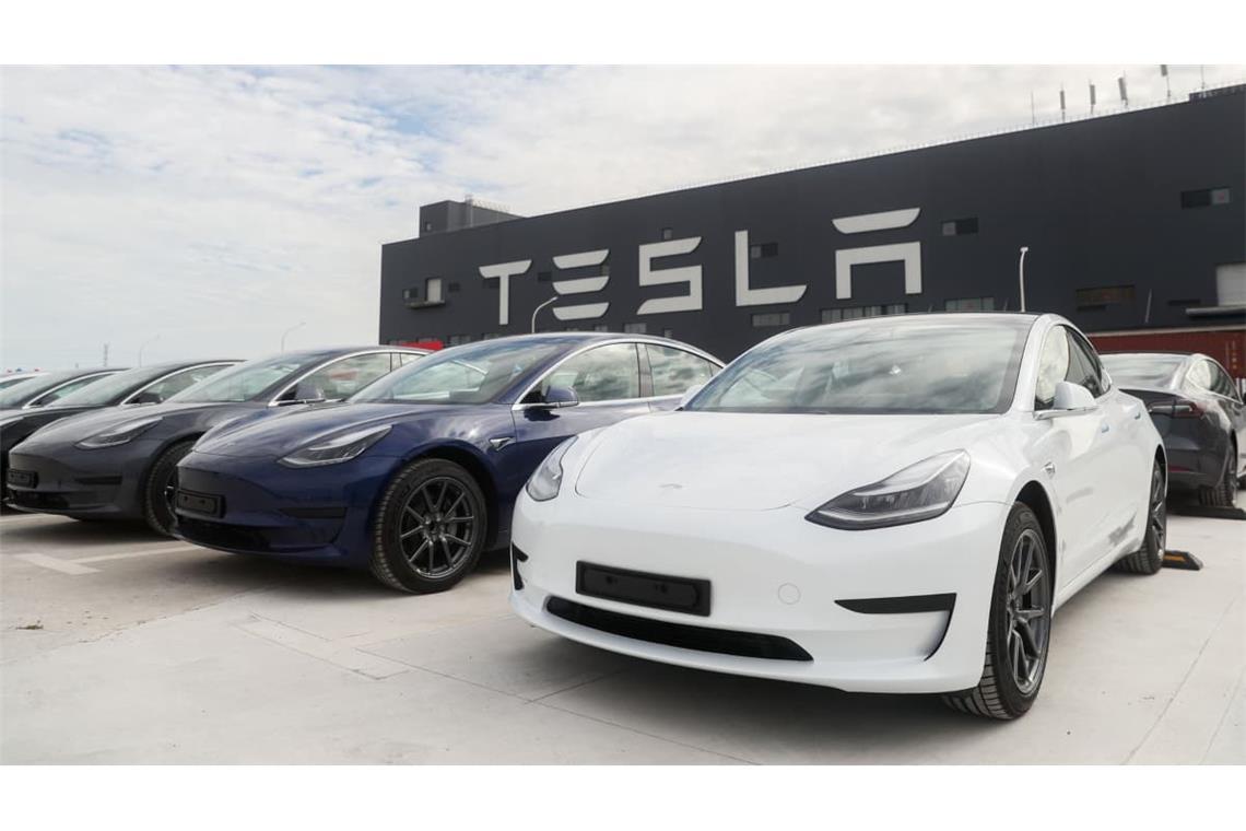 Fahrzeuge des Models 3 stehen vor der Tesla Fabrik in Shanghai. (Archivfoto)