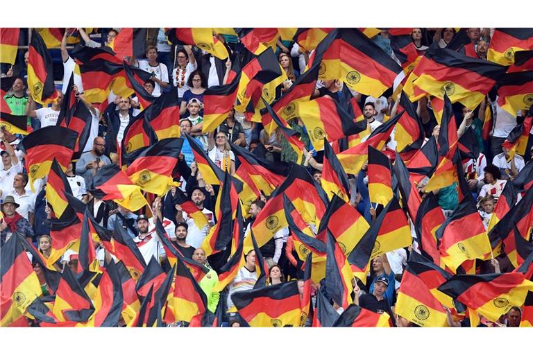 Fans schwenken Deutschlandfahnen auf der Tribüne.