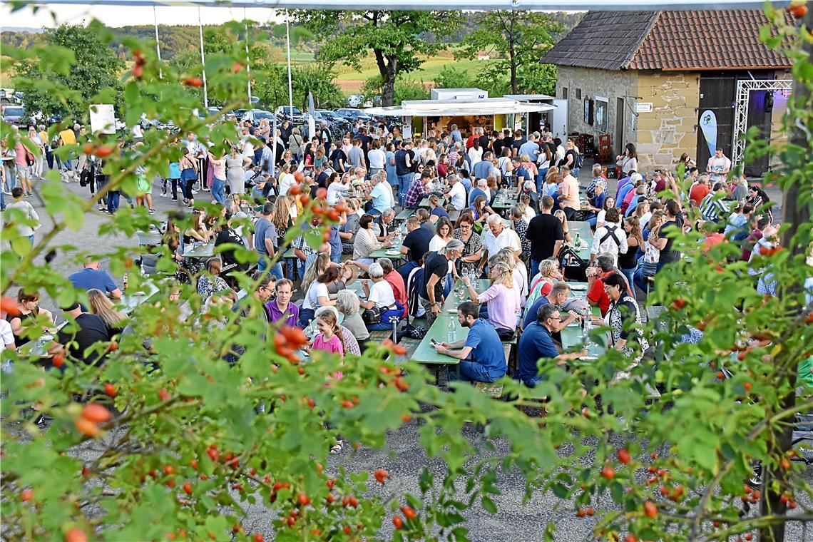 Festbetrieb an der Kelter. Kelter. Wein. Berg. „Party im Weinberg“ am Samstagabe...