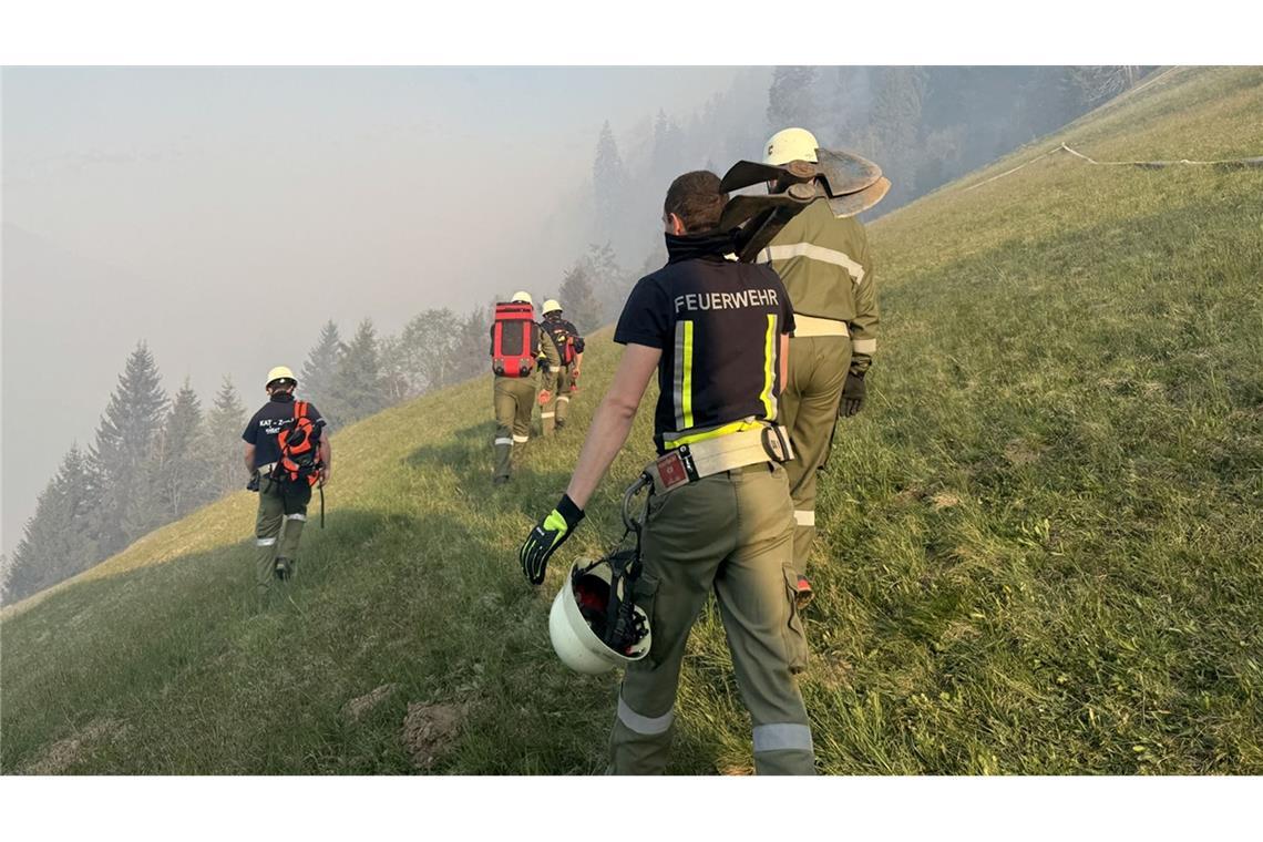 Feuerwehrleute bekämpfen einen Waldbrand in den Bergen im Kärntner Lesachtal in Österreich.