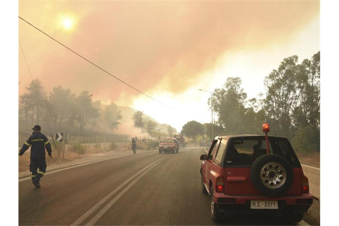 Feuerwehrleute bekämpfen einen Waldbrand in der Nähe des Dorfes Lampiri, westlich von Patras. Foto: Andreas Alexopoulos/AP/dpa