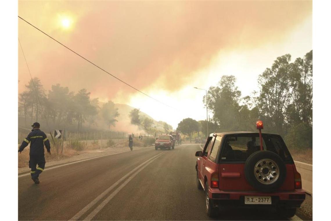 Brände und Hitze ohne Ende in drei Mittelmeerstaaten Feuerwehrleute bekämpfen einen Waldbrand in der Nähe des Dorfes Lampiri, westlich von Patras. Foto: Andreas Alexopoulos/AP/dpa